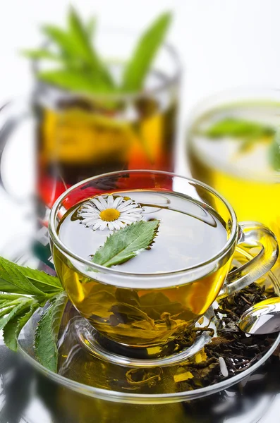 Taza con té verde y hojas verdes . — Foto de Stock