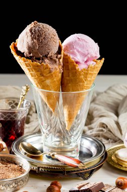 Ice cream on the table on a bright, colored background