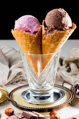 Ice cream on the table on a bright, colored background
