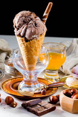 Ice cream on the table on a bright, colored background