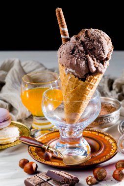 Ice cream on the table on a bright, colored background