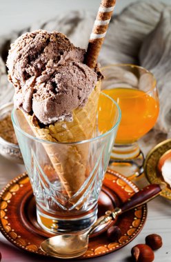 Ice cream on the table on a bright, colored background