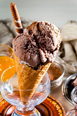 Ice cream on the table on a bright, colored background