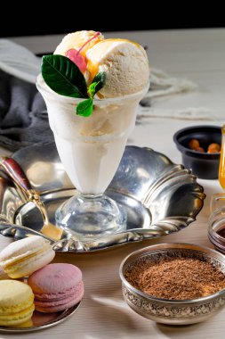 Ice cream on the table on a bright, colored background