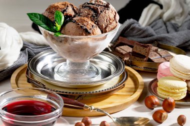Ice cream on the table on a bright, colored background