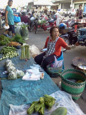 Tanımlanamayan sebze satıcı geleneksel ıslak Pazar, khon khean, Tayland.