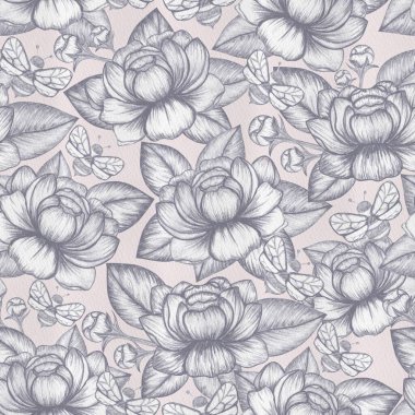Peonies sketch seamless pattern. Pink and grey Pencil bee elegant farmhouse background. Art.