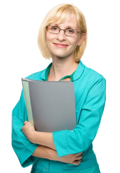 Žena doktora zobrazeno ok znamení — Stock fotografie