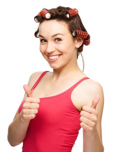 Woman is showing thumb up gesture — Stock Photo, Image