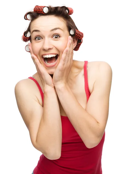 Woman is holding her face in astonishment — Stock Photo, Image