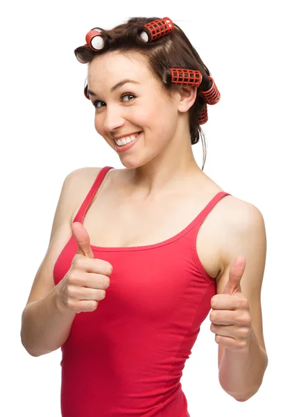 Woman is showing thumb up gesture — Stock Photo, Image