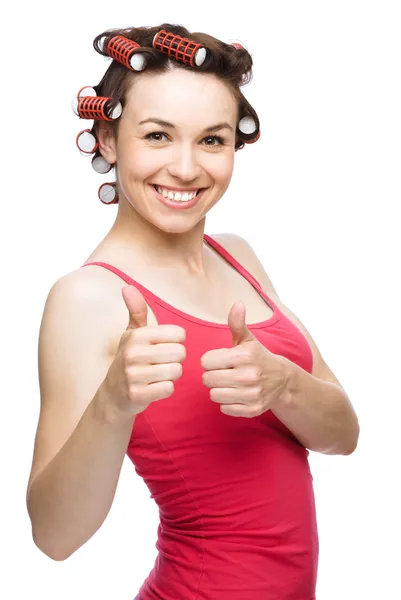 Woman is showing thumb up gesture — Stock Photo, Image