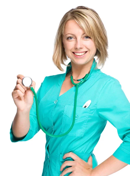 Portrait of a woman wearing doctor uniform — Stock Photo, Image