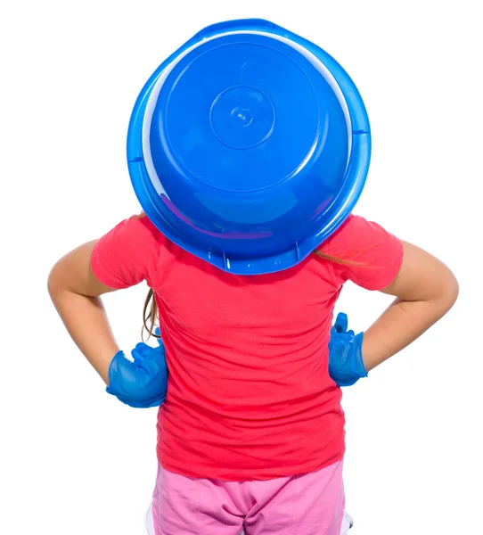 Little girl put a blue bucket on her head — Stock Photo, Image