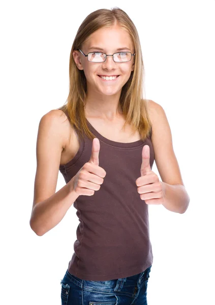 Woman is showing thumb up gesture — Stock Photo, Image