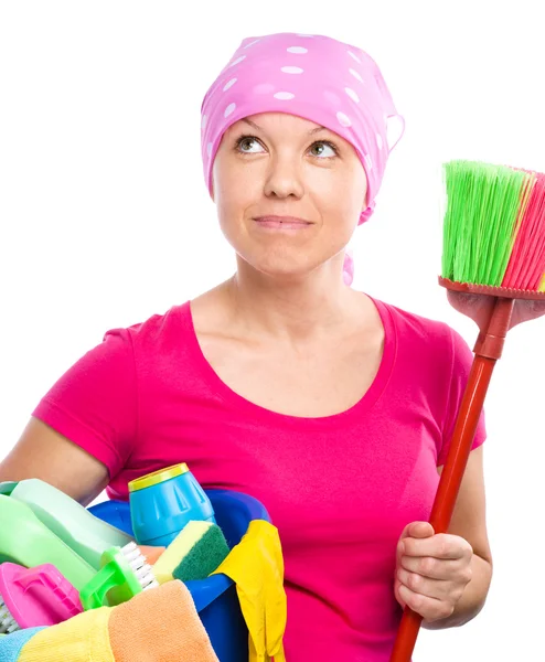 Young woman is dressed as a cleaning maid — Stock Photo, Image