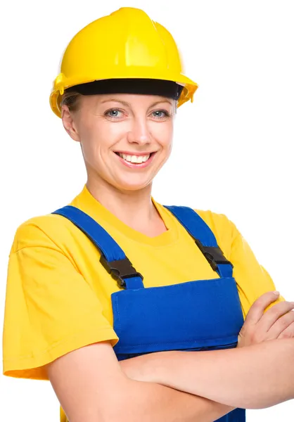 Joven dama feliz como trabajador de la construcción —  Fotos de Stock