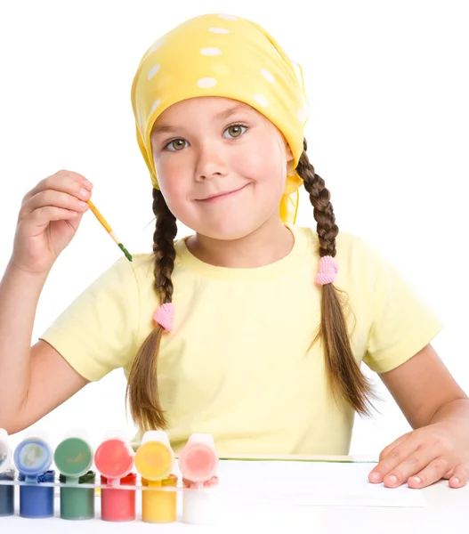 Cute cheerful child play with paints — Stock Photo, Image