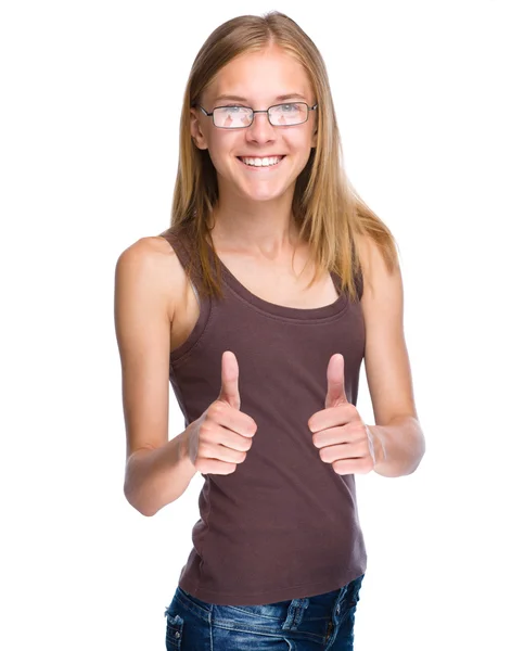 Mujer está mostrando el pulgar hacia arriba gesto — Foto de Stock