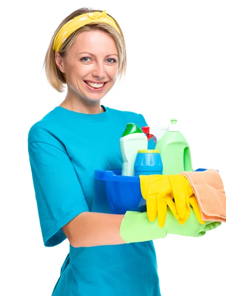 Νεαρή γυναίκα ως καμαριέρα καθαρισμού — Φωτογραφία Αρχείου