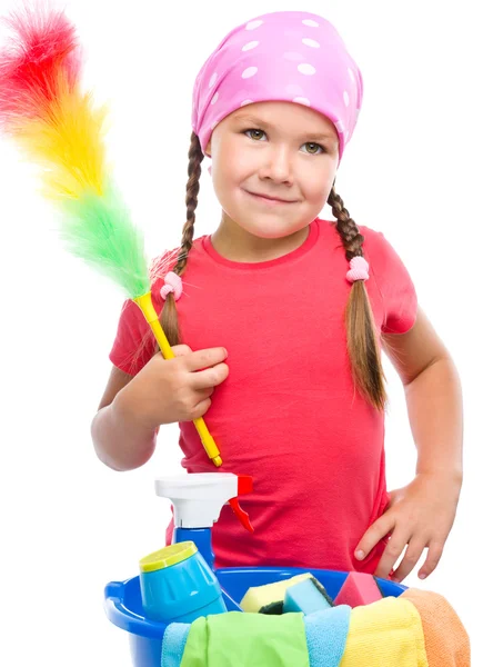 Young girl is dressed as a cleaning maid — Stock Photo, Image