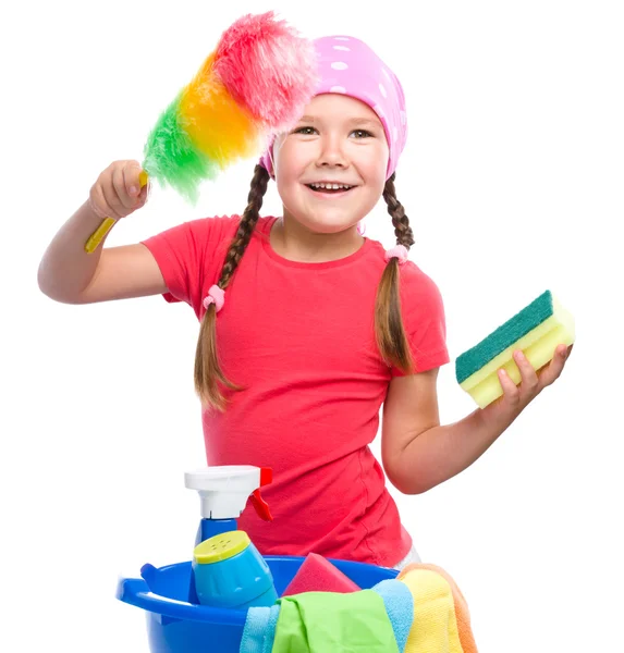 Young girl is dressed as a cleaning maid — Stock Photo, Image