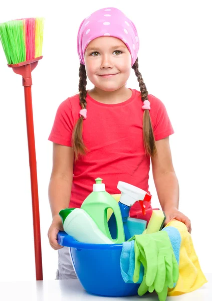 Young girl is dressed as a cleaning maid — Stock Photo, Image