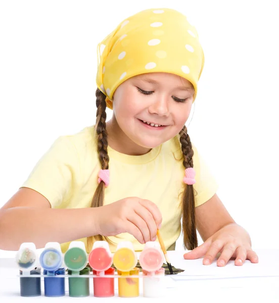 Cute cheerful child play with paints — Stock Photo, Image