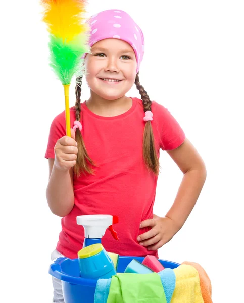 Mladá dívka je oblečená jako čisticí služka — Stock fotografie