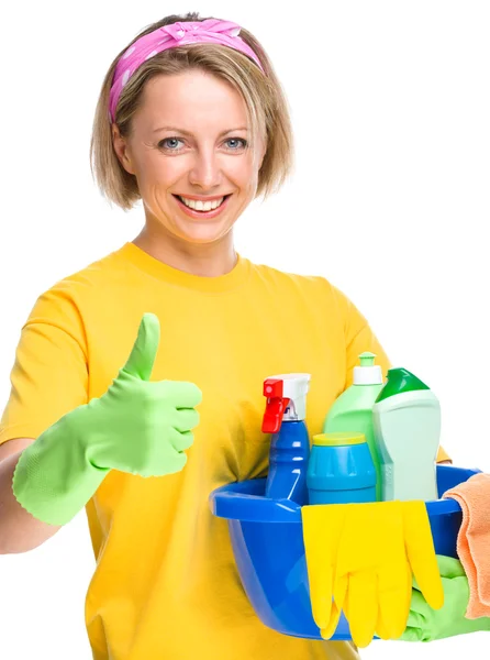 Fiatal nő, mint a takarító szobalány — Stock Fotó