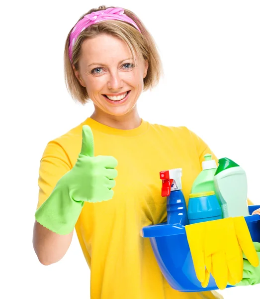 Mujer joven como criada de limpieza — Foto de Stock