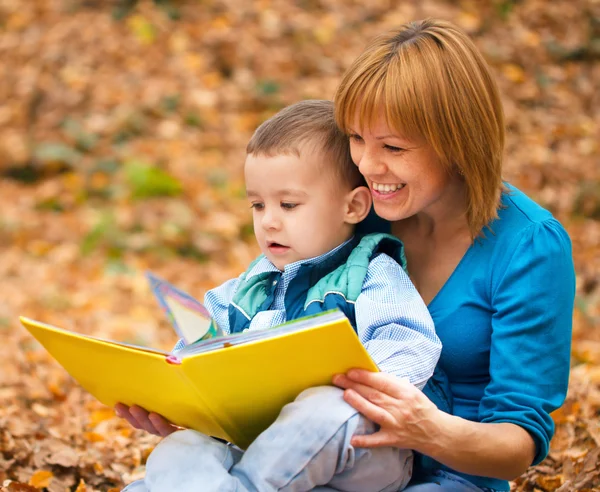 Mother is reading from tablet with her son — Stock Photo, Image