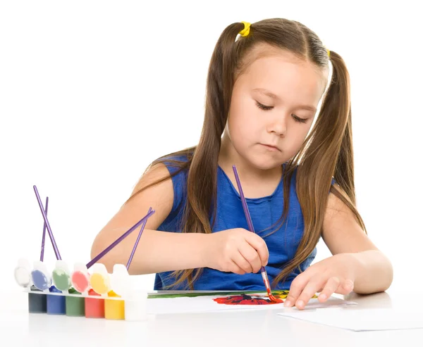 Little girl is painting with gouache — Stock Photo, Image