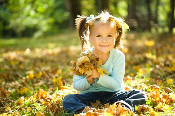 Portrait of a little girl in autumn park — Stock Photo, Image