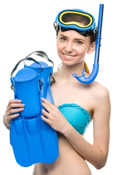 Young happy woman with snorkel equipment — Stock Photo, Image