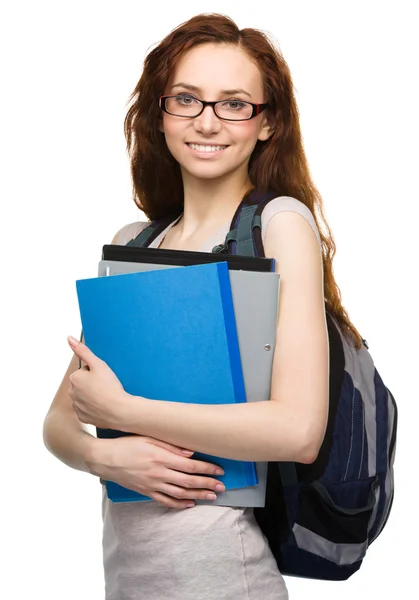 Νεαρός φοιτητής κορίτσι κρατά βιβλίο — Φωτογραφία Αρχείου