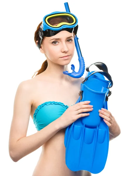 Young woman with snorkel equipment — Stock Photo, Image