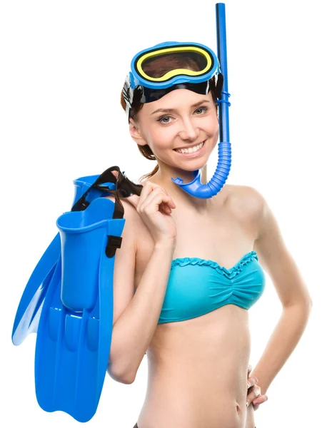 Jovem mulher feliz com equipamento de snorkel — Fotografia de Stock