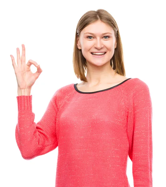 Kobieta jest wyświetlany znak ok — Zdjęcie stockowe