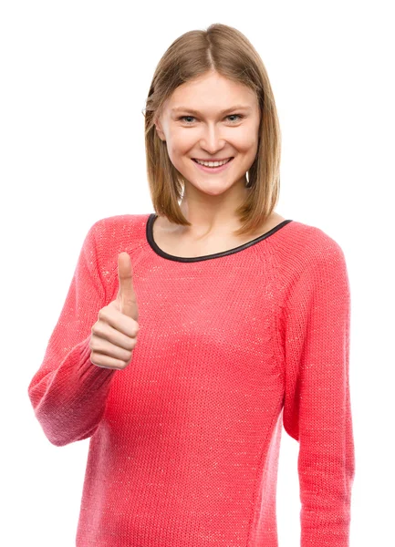 Frau zeigt Daumen-hoch-Geste — Stockfoto