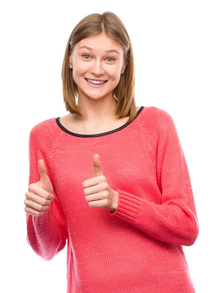 Woman is showing thumb up gesture — Stock Photo, Image