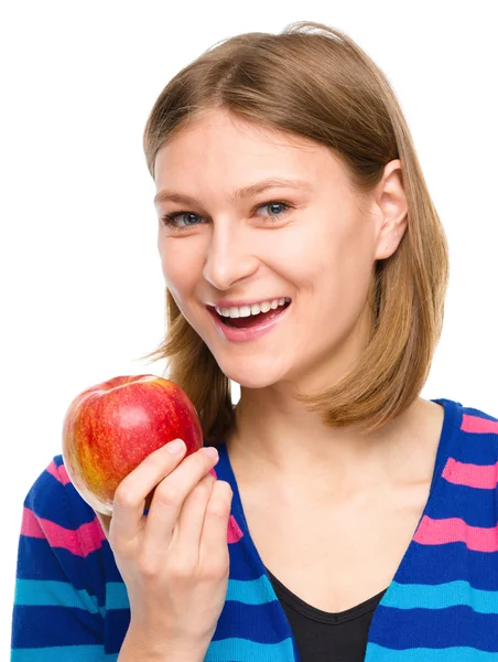 Joven chica feliz con manzana — Foto de Stock