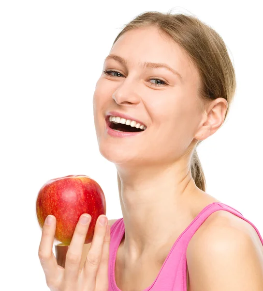 Szczęśliwa dziewczyna z jabłkiem — Zdjęcie stockowe
