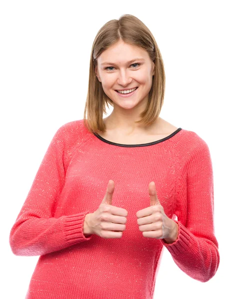 Woman is showing thumb up gesture — Stock Photo, Image