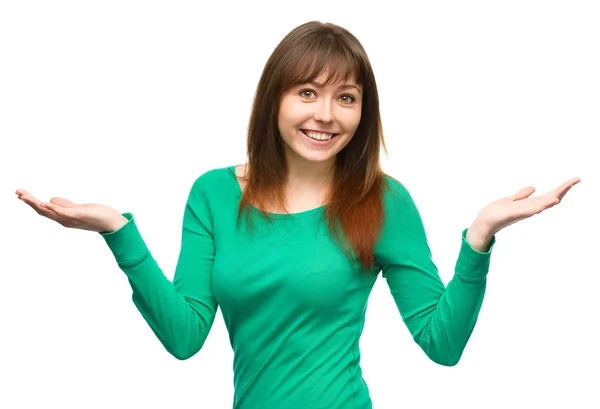 Portrait of a young woman raised her hands up — Stock Photo, Image