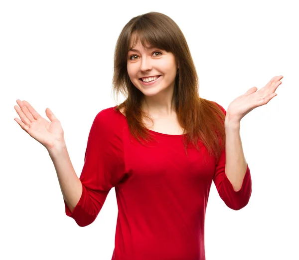 Portrait of a young woman raised her hands up — Stock Photo, Image