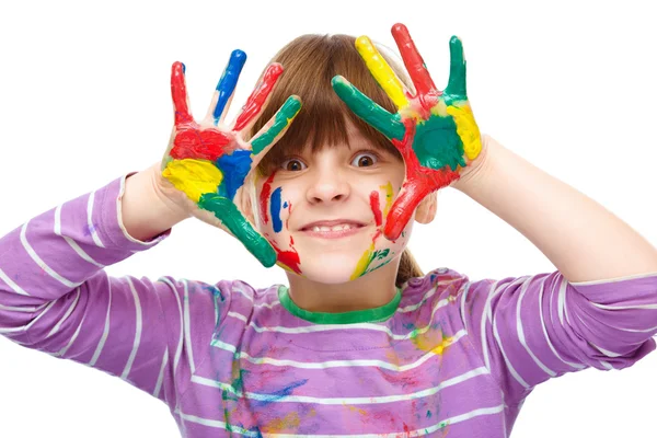 Portrait of a cute girl playing with paints — Stock Photo, Image