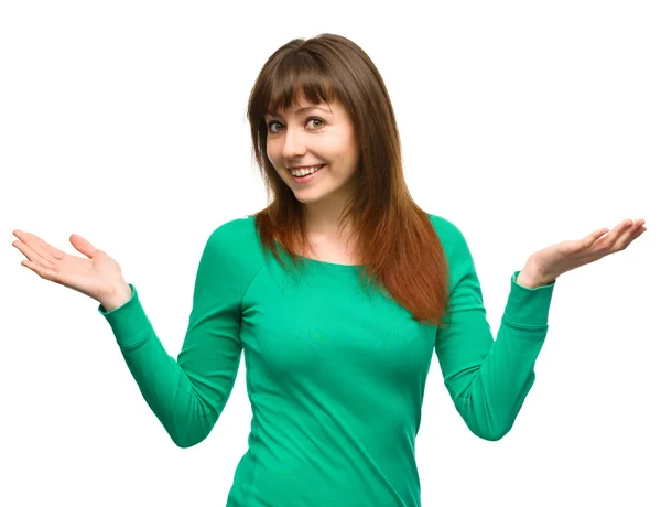 Portrait of a young woman raised her hands up — Stock Photo, Image