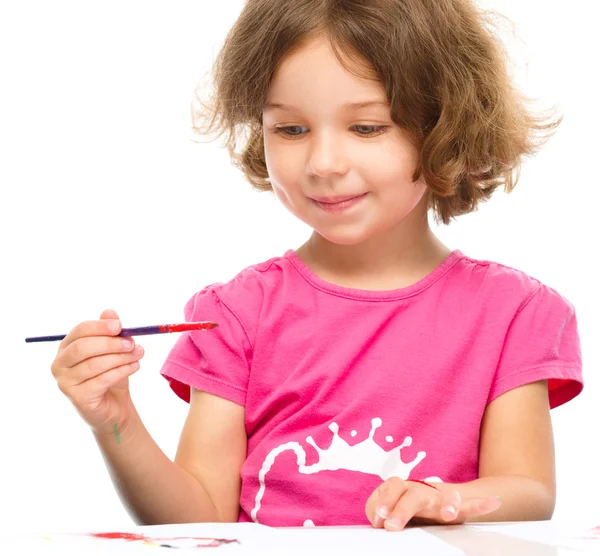 Little girl is painting with gouache — Stock Photo, Image