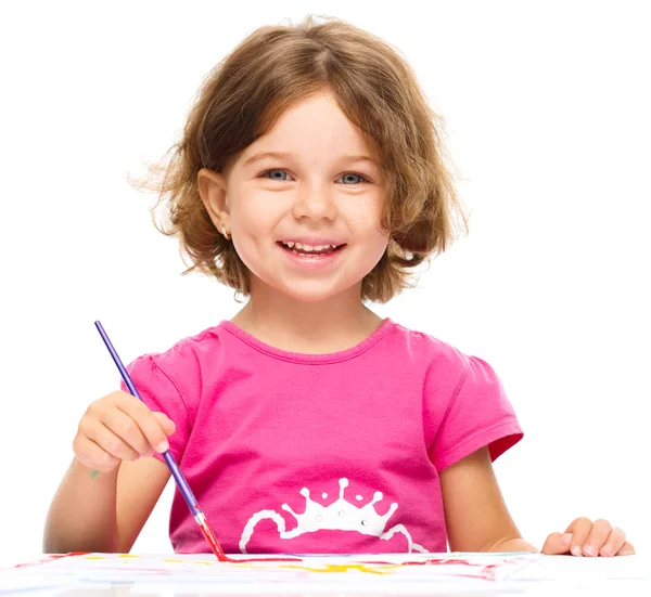 Little girl is painting with gouache — Stock Photo, Image